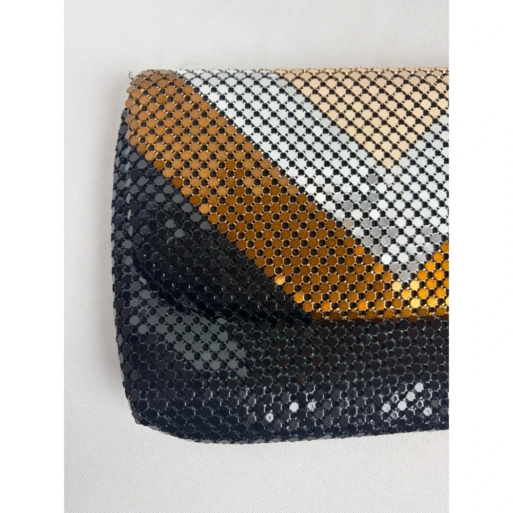 Vintage Style Metal Mesh Chevron Clutch Bag Black Gold Silver Evening Purse